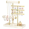 MODOWEY Necklace Holder Earring Stand Organizer, Wooden Velvet Bracelet Tree Rack with Ring Tray for Vendor Women Display Selling, Countertop T Bar Jewelry Tower Keep Everything Visible & Within Reach - color: Beige