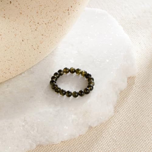 NLIEO Natural Gemstone Stretch Beaded Rings for Women Stackable Dainty Elastic Crystal Rings Jewelry - style: Golden Obsidian