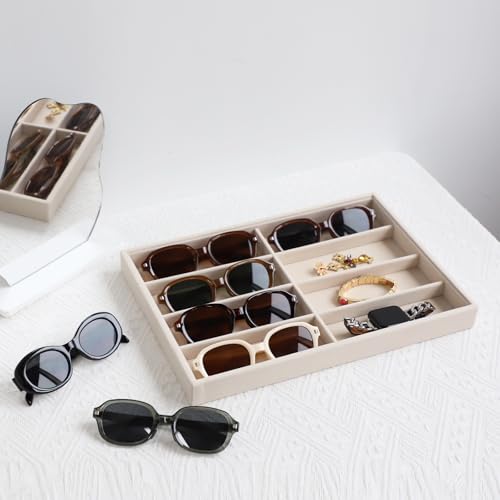 Stratalife Sunglasses Organizer Stackable Sunglass Jewelry Storage Tray with Removable Dividers Display Case for Necklace Earring Bracelet Drawer Inserts 8 Grid Beige