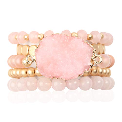 RIAH FASHION Bohemian Acrylic Druzy Multi-Layer Bead Statement Bracelet - Versatile Faux Stone Pendant Stretch Strand Stackable Cuff Bangle Set Sparkly Crystal - color: Acrylic Druzy & Natural Stone Bead Pink Rose Quartz