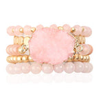 RIAH FASHION Bohemian Acrylic Druzy Multi-Layer Bead Statement Bracelet - Versatile Faux Stone Pendant Stretch Strand Stackable Cuff Bangle Set Sparkly Crystal - color: Acrylic Druzy & Natural Stone Bead Pink Rose Quartz