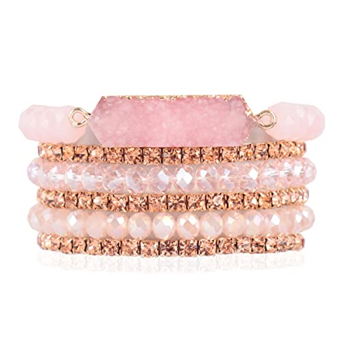 RIAH FASHION Bohemian Acrylic Druzy Multi-Layer Bead Statement Bracelet - Versatile Faux Stone Pendant Stretch Strand Stackable Cuff Bangle Set Sparkly Crystal - color: Druzy Bar Sparkly Mix Set - Pink