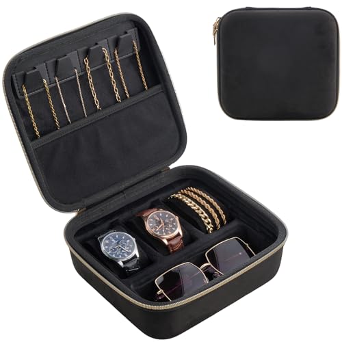 ProCase Mens Small Jewelry Storage Case, 3 Slots Travel Watch Accessories Carrying Box, Glasses Necklaces Rings Bracelets Zippered Organizer Bag for Male -Black - color: Black, size: Small