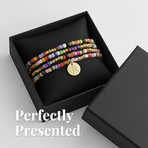 Set of 4 Colorful Bead Initial Bracelets, Personalized Stackable Jewelry, Adjustable Stretchy Charm Bracelets for Women, Beaded Bracelet Set, Trendy Custom Jewelry Gift - style: Colorful Bead - R