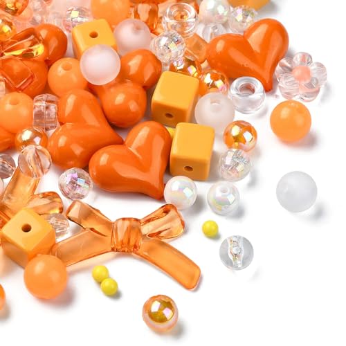 Ipotkitt 130 Pcs Acrylic Mixed Shape Beads Orange Color Beads Heart Round Bowknot Cube Barrel Spacer Beads for DIY Necklace Bracelets Jewelry Making - color: 130pcs-Orange Color Beads-4~20mm