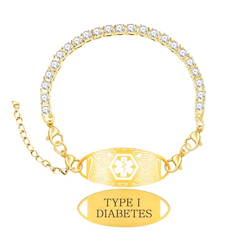 Women's Medical ID Bracelet with White Zircon Tennis Chain, Interchangeable Engraved Plate, Adjustable Lobster Clasp, Lightweight, Hypoallergenic, for Running, Outdoor, Daily Wear - color: Gold-TYPE I DIABETES