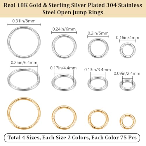 Beebeecraft 600Pcs 4/5/6/8mm Open Jump Rings 18K Gold & 925 Sterling Silver Plated 304 Stainless Steel Jump Ring Connector Links for Jewelry Making DIY Crafts Accessories - color: Gold and Silver