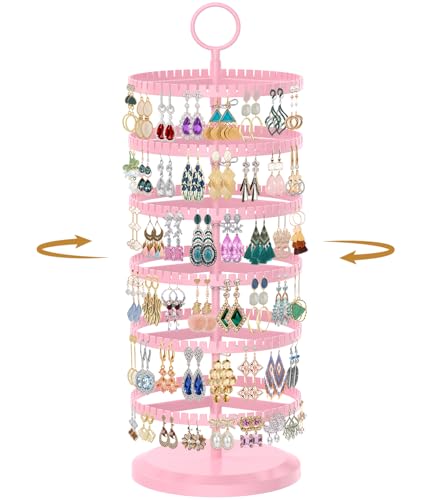MODOWEY 6 Tier Rotating Earring Holder Organizer, Adjustable Metal and Plastic Stand Tree with 342 Grooves for Stud Hoop Pierced Dangle Display, Decluttered, Space-Saving Storage Rack for Women, Pink - color: Pink