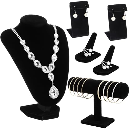 Wenqik 6 Pcs Velvet Jewelry Display Set Velvet Necklace Mannequin Bust Stand T Bar Bracelet Holder 2 Earring Stand 2 Ring Finger Jewelry Holder for Home Decor Showcase - color: Black