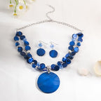 Layered Beads Statement Fashion Necklace Chunky Jewelry Set Big Colorful Glass Stone Circle Shell Pendant Choker Necklace and Earring Set for Women - color: blue