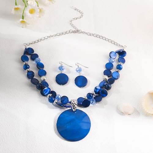 Layered Beads Statement Fashion Necklace Chunky Jewelry Set Big Colorful Glass Stone Circle Shell Pendant Choker Necklace and Earring Set for Women - color: blue