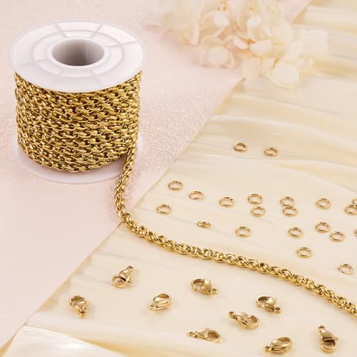 Jabogrii 16.4 Feet Gold Stainless Steel Jewelry Making Chain Bulk Craft Twisted Chain on Spool with Lobster Clasps and Jump Rings for Jewelry Making - color: Twisted Gold