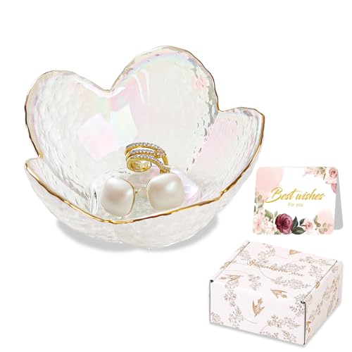 White Flower Jewelry Dish Glass Ring Dish Jewelry Tray Cute Vanity Organizer Room Decor Aesthetic Nightstand Bathroom Decor Trinket Dish Ring Holder Jewellery Tray Valentine's Birthday Gifts for Women - color: White