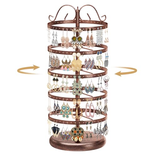 Modowey Rotating Earring Holder Organizer Stand, 5 Tier Metal Tree Display for Women Vendors, 220 Holes Adjustable Jewelry rack for Stud Hoop Dangle Storage, Trendy Carousel Keeps Dresser Neat, Bronze - color: Bronze, size: 5 Tier, 220 Holes
