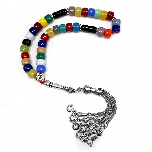 Simple Designed Natural Stone Worry Beads - Prayer Beads Tesbih-Tasbih-Tasbeeh-Misbaha-Subha-Sebha-Sibha-Rosary (Multi Color Resin Drum -8X6 mm- 33 Beads) - color: Multi Color Resin Drum -8X6 mm- 33 Beads