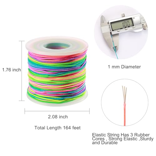 Elastic String for Bracelets, 2 Rolls 1mm Rainbow Sturdy Stretchy String Elastic Cord for Jewelry Making, Beading Necklaces and Crafts (164 Feet/Roll) - size: 2 Rolls (164 Feet/Roll)