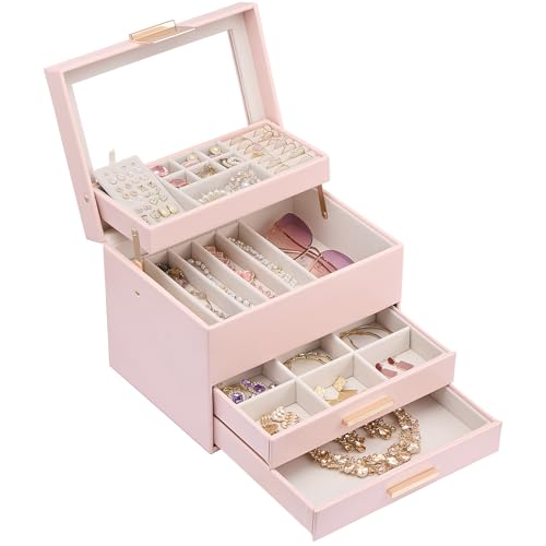 Lolalet Jewelry Box, Clear Window Jewelry Organizer with Drawer for Earrings Bracelets Necklaces Rings, Jewelry Storage for Women -Pink, 4 Layers - color: Pink, size: 4 Layers