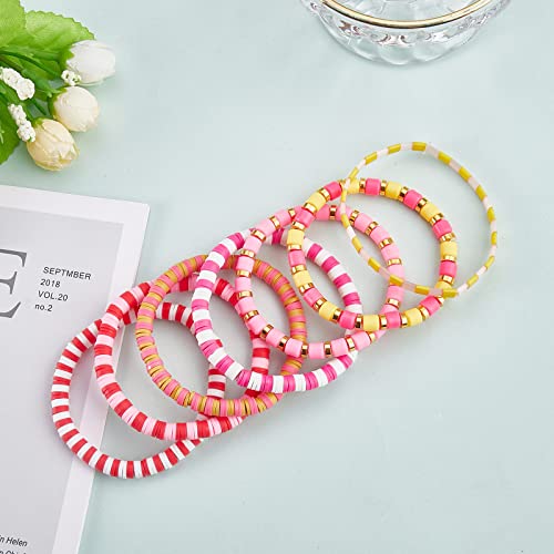 Ornaland 7Pcs Handmade Polymer Clay Heishi Surfer Stretch Bracelets Set Colorful Glass Beads Bracelets Boho Stackable Preppy Bracelets Wrist Jewelry for Women - color: rose Red