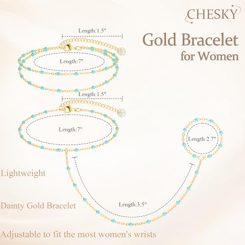 CHESKY 14K Gold Plated Hand Chain Bracelets for Women Set - Dainty Finger Ring Bracelet Stack Adjustable Hand Chains Durable Beaded Bracelets Trendy Simple Body Jewelry Gift for Women - style: 3color bracelet-gd