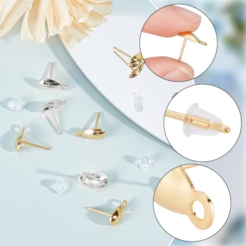 Beebeecraft 1 Box 100Pcs Stud Earring Findings 18K Gold Plated 304 Stainless Steel Teardrop Earrings Studs Findings with Horizontal Loops Ear Nuts for DIY Jewelry Making (Gold, Silver) - color: Gold & Stainless Steel