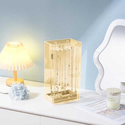 Lolalet Necklace Holder Organizer, Acrylic Jewelry Organizer with 24 Hooks, Rotating Clear Necklaces Display Box, Dust-proof Jewelry Storage Case with Velvet Tray -Gold - color: Gold