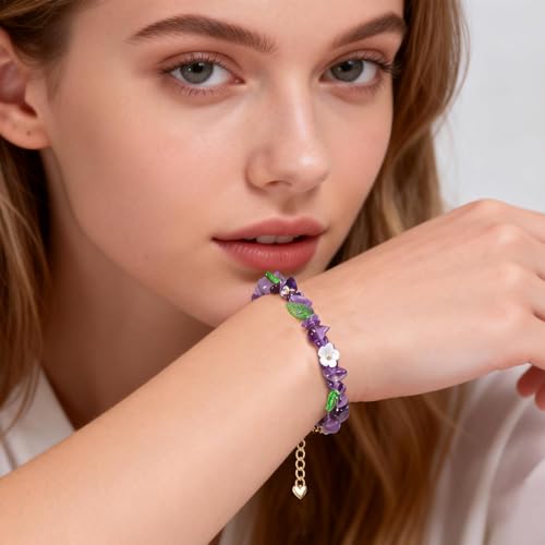 Healing Onyx Bracelet for Women Men Handmade Natural Gemstone Amethyst Crystal Bracelets Obsidian Cross Beaded Stone Jewelry - color: Purple