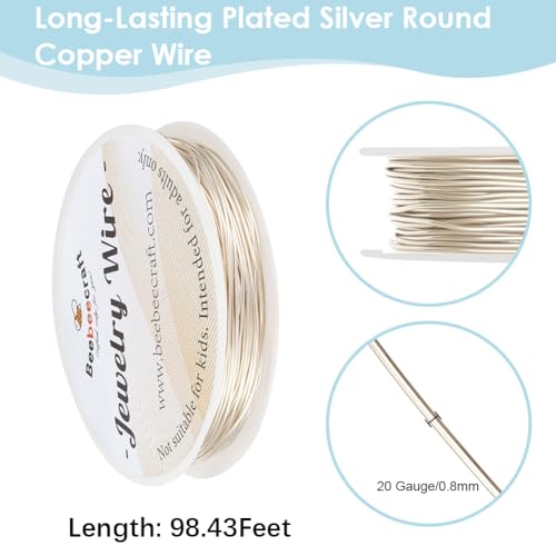 Beebeecraft 1 Roll 98 Feet/30m Copper Wire 20 Gauge 0.8mm Sterling Silver Plated Brass Jewelry Wire Round Beading for Jewelry Making Supplies DIY Craft - color: Silver