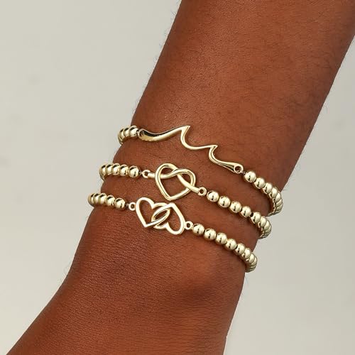 Mothers Day Gifts - Beaded Bracelets for Women 14K Silver Gold Plated Stretch Handmade Ball Bracelets Cute Charm Bracelet Dainty Stackable Cross Heart Bow Wave CZ Circle Trendy Jewelry Easter Gifts - color: knot-heart