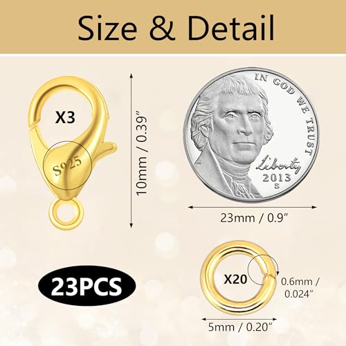 23Pcs 14K Goldplated Lobster Claw Clasps 10mm with Open Jump Rings Jewelry Making Set, 925 Sterling Silver Jewelry Finding Supplies Small Gold Lobster Clasps for Necklaces Bracelet Chains Connector - color: 23PcsA_Gold