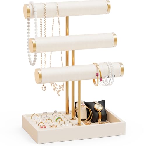 Abiglifty 3 Tier Necklace Holder Display, Jewelry Organizer, Jewelry Stand, Bracelet Display, Necklace Organizer, Bracelet holder, Jewelry Display for Necklace, Watches, Rings, Beige - color: Beige