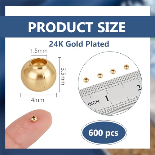 BENECREAT 600Pcs Real 24K Gold Plated Stainless Steel Spacer Beads, Round Spacers Beads, 1.5mm Hole Metal Smooth Bead for DIY Bracelet Necklace Jewelry Crafts Making - size: Hole: 1.5mm