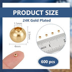 BENECREAT 600Pcs Real 24K Gold Plated Stainless Steel Spacer Beads, Round Spacers Beads, 1.5mm Hole Metal Smooth Bead for DIY Bracelet Necklace Jewelry Crafts Making - size: Hole: 1.5mm