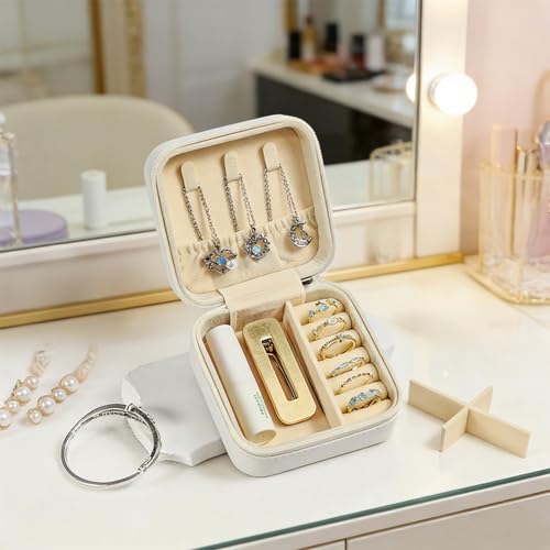 Small Travel Jewelry Box, PU Leather Portable Organizer with Compartments for Earrings, Rings, Necklaces, Mini Storage Case for Women and Girls, Bridesmaid Gift