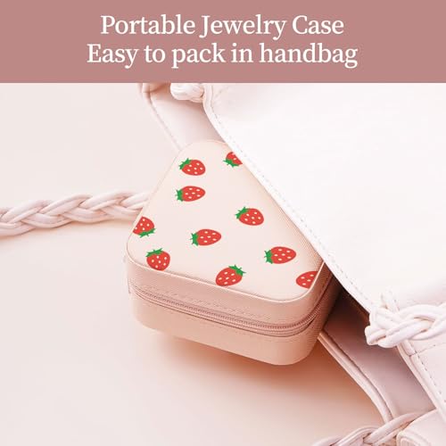 Strawberry Small Travel Jewelry Case with Mirror Portable Pink PU Leather Box Earrings Necklaces Rings Bracelets Storage Organizer Gift for Women And Girls