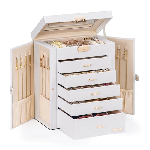 Homde Jewelry Box Large for Women: 6 Layers 5 Drawers Organizer with Mirror for Ring Earring Necklace - Storage Holder with Lock for Dresser - Ideal Gift Case (White) - color: White