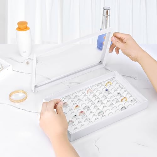 KUKUVR 100 Slots Ring Earring Holder Display Case, Velvet Jewelry Ring Earring Storage Organizer Box Tray with Clear Lid for Women And Selling Show (White) - color: White