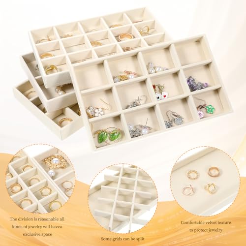 12 Pcs Velvet Jewelry Organizer Trays Set, 4 Styles Stackable Drawer Organizer with Removable Dividers, Storage and Display for Earrings, Necklaces, Bracelets, Rings, Vanity Dresser Storage Box, Beige