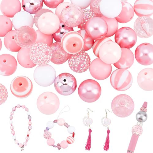 PH PandaHall 50pcs Valentine’s Beads 20mm Pink Bubblegum Beads Acrylic Pen Beads Large Rhinestone Beads Loose Beads for Wedding Garland Breast Cancer Mother Jewelry Bracelet Pen Bag Chain Making - color: Pink