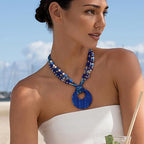 Coiris Shell Pendant Statement Strand Necklace for Women Boho Multi Beads Natural Stone Colorful Necklace Bohemian Handmade Chunky Shell Beaded Collar Jewelry for Women - color: NavyBlue