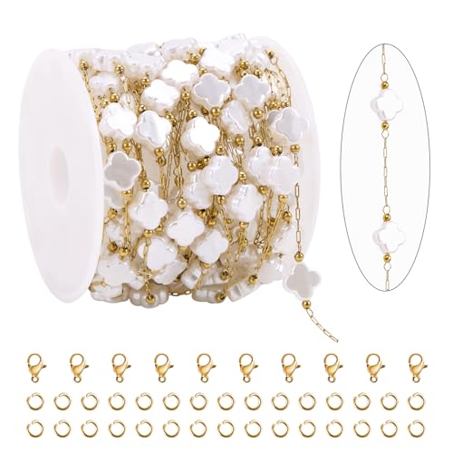 KYUNHOO 4 Meters Imitation Pearl Chain for Jewelry Making Gold Plated Stainless Steel Chains Bulk with Clover Leafs Pearls Decoration for DIY Jewelry Crafts - color: Clover Gold