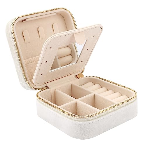 DesignSter Travel Jewelry Box - Velvet Mini Jewelry Organizer, Small Jewelry Case for Girls Women, Jewelry Storage Box for Rings Earrings Necklace (Square, Cream Beige) - color: Cream Beige, size: Square