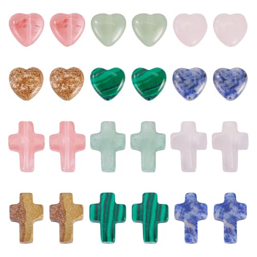 Beadthoven 24Pcs 12 Styles Heart Cross Stone Beads Colorful Natural Gemstone Crosses Crystal Bead Charm Easter Mini Small Easter Crucifix Loose Bead for Jewelry Making Crafts Bracelet Necklace Earring - color: Heart & Cross