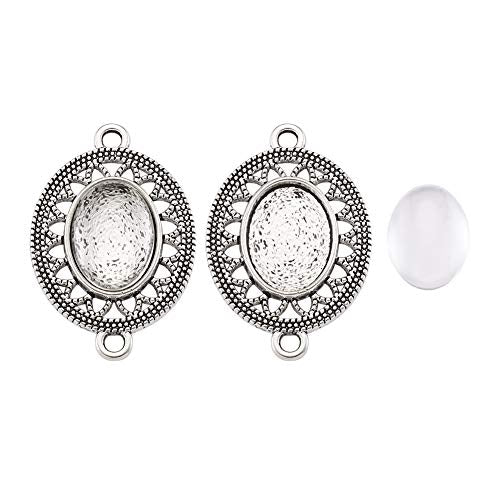 FASHEWELRY 10 Sets Tibetan Style Alloy Oval Bezel Pendant Trays with Transparent Glass Cabochons Hollow Blank Base Connector for DIY Photo Pendant Making - color: 13x18mm-10 Sets