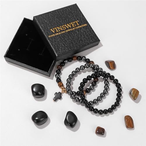 Vinswet Healing Crystal Beaded Bracelets for Women,Natural Amethyst Gemstones Bracelet,Anxiety Stress Relief Heart Charm Bracelet Handmade purple Jewelry Gifts for Women - color: tiger eye&hematite&obsidian