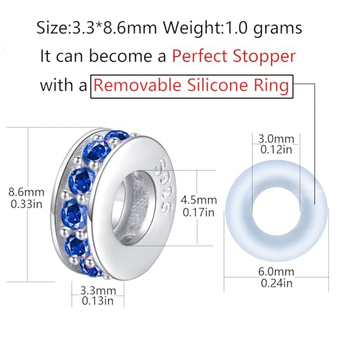 Clip Stopper Charms Sterling Silver Rondelle Spacer Bead Charm Stopper Charm for Pandora Charm Bracelets - color: Blue ( 1pcs )