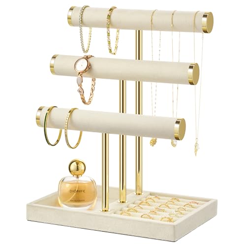 3 Tier Bracelet Holder Display - Detachable T Bar Beige Velvet Bracelet Holder, Jewelry Holder Organizer for Bracelet, Necklace, Earrings, Rings - color: Beige, size: Large