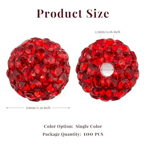 100Pcs 10mm Red Rhinestone Beads for Jewelry Making, Shiny Round Disco Ball Sparkly Beads Bulk with 10-Grid Storage Box for DIY Baseball Necklaces Shamballa Bracelets - color: Red