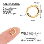 DanLingJewelry 200 pcs 304 Stainless Steel 18 Gauge Open Jump Rings 8mm for Jewelry Making Connectors Jewelry Finding Golden Color - color: 200 pcs - ф8mm δ 1.2mm - Golden