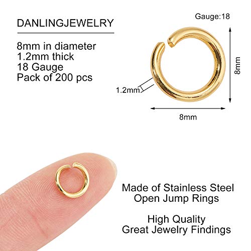 DanLingJewelry 200 pcs 304 Stainless Steel 18 Gauge Open Jump Rings 8mm for Jewelry Making Connectors Jewelry Finding Golden Color - color: 200 pcs - ф8mm δ 1.2mm - Golden