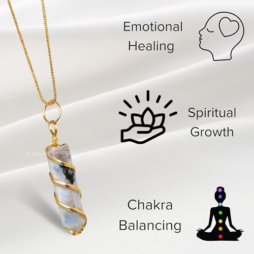 Amazing Gemstone Moonstone Necklace for Women - Premium Rainbow Moonstone Crystals Necklace for Women - Jewelry to bring Balance, Harmony, Creativity, Endurance and Inner Confidence. - color: Rainbow Moonstone - Gold